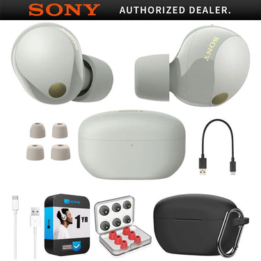 Sony Noise Canceling Truly Wireless Earbuds, Silver + Accessories + Warranty Bundle