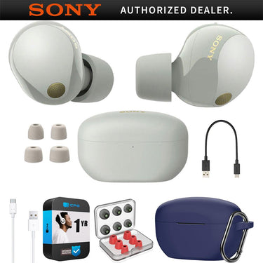 Sony Noise Canceling Truly Wireless Earbuds, Silver + Accessories + Warranty Bundle
