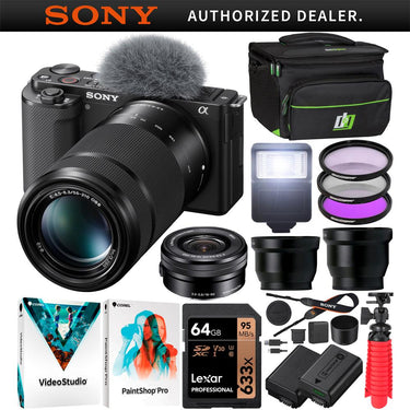 Sony ZV-E10 Mirrorless Vlog Camera Body + 2 Lens Kit 16-50mm + 55-210mm Black Bundle