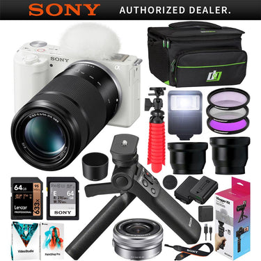 Sony ZV-E10 Mirrorless Vlog Camera 2 Lens Kit 16-50mm 55-210mm + ACCVC1 White Bundle