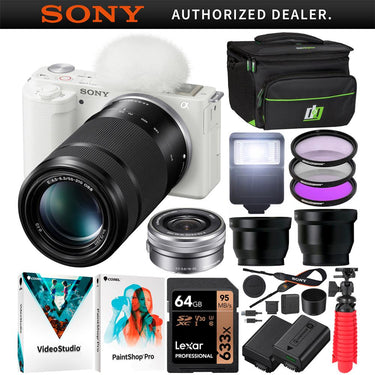 Sony ZV-E10 Mirrorless Vlog Camera Body + 2 Lens Kit 16-50mm + 55-210mm White Bundle