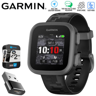 Garmin Bounce Kids Smartwatch, Black Camo w/ Converter Adapter + 2 Yr Warranty Bundle