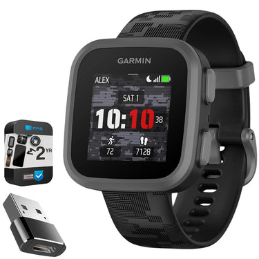 Garmin Bounce Kids Smartwatch, Black Camo w/ Converter Adapter + 2 Yr Warranty Bundle