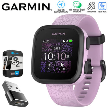 Garmin Bounce Kid Smartwatch, Lilac Floral w/ Converter Adapter + 2 Yr Warranty Bundle