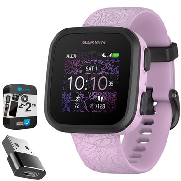 Garmin Bounce Kid Smartwatch, Lilac Floral w/ Converter Adapter + 2 Yr Warranty Bundle