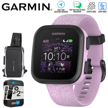 Garmin Bounce Kid Smartwatch, Lilac Floral w/ Sling Backpack + 2 Yr Warranty Bundle