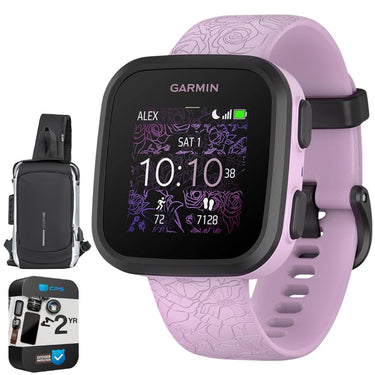 Garmin Bounce Kid Smartwatch, Lilac Floral w/ Sling Backpack + 2 Yr Warranty Bundle