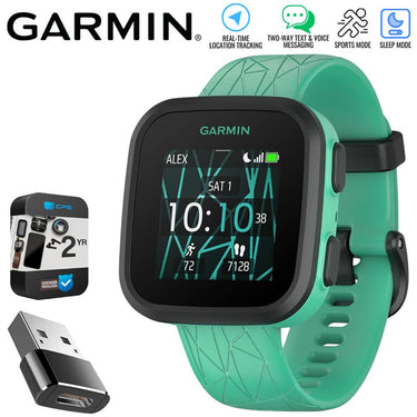 Garmin Bounce Kids Smartwatch, Green Burst w/ Converter Adapter + 2 Yr Warranty Bundle