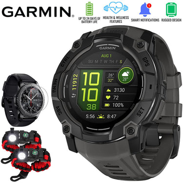 Garmin Instinct 3 50mm GPS Smartwatch, AMOLED, Black w/ Black Band + Accessories Bundle