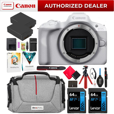 Canon EOS R50 Mirrorless Camera Body White + 2 Battery + Bag + Accessories Bundle