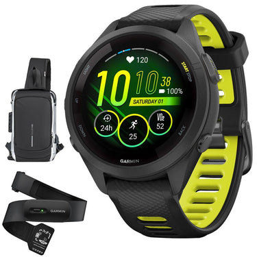 Garmin Forerunner 265S GPS Smartwatch, Black/Amp Yellow w/ Garmin HRM 200 (XS-S) Bundle