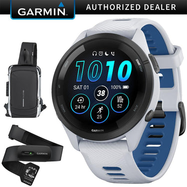 Garmin Forerunner 265 GPS Smartwatch, Whitestone/Tidal Blue w/ HRM 200 (XS-S) Bundle