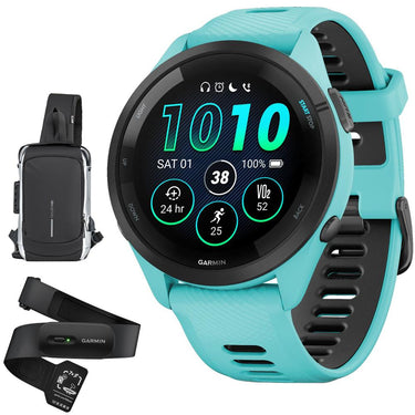 Garmin Forerunner 265 GPS Smartwatch, Aqua/Black w/ Garmin HRM 200 (M-XL) Bundle