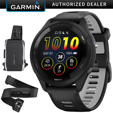 Garmin Forerunner 265 GPS Smartwatch, Black/Powder Gray w/ Garmin HRM 200 (M-XL) Bundle