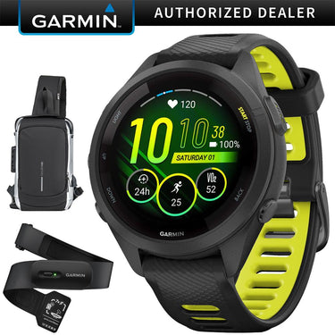 Garmin Forerunner 265S GPS Smartwatch, Black/Amp Yellow w/ Garmin HRM 200 (M-XL) Bundle