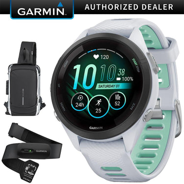 Garmin Forerunner 265S GPS Smartwatch, Whitestone/Neo Tropic w/ HRM 200 (M-XL) Bundle