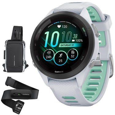 Garmin Forerunner 265S GPS Smartwatch, Whitestone/Neo Tropic w/ HRM 200 (M-XL) Bundle