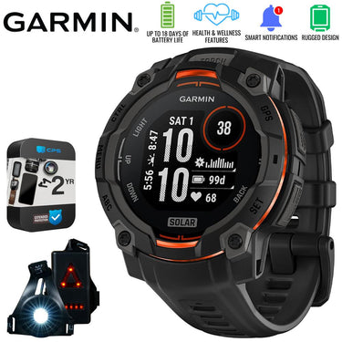 Garmin Instinct 3 45mm GPS Smartwatch, SOLAR + Wearable Light + 2 Yr Warranty Bundle