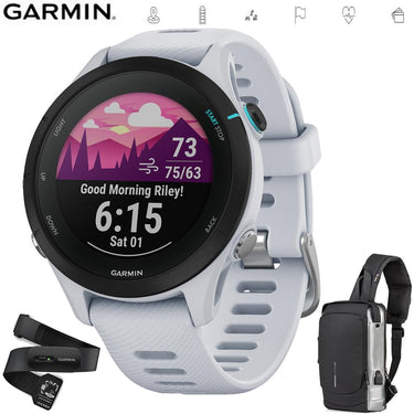 Garmin Forerunner 255 GPS Smartwatch Whitestone+Backpack & Heart Rate Strap M-XL