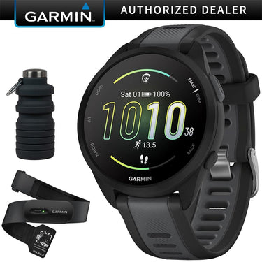 Garmin Forerunner 165 Smart Sport Watch, Black + Slate Gray w/ HRM 200 (M-XL) Bundle