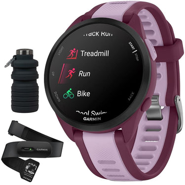 Garmin Forerunner 165 Music Smart Sport Watch, Berry + Lilac w/ HRM 200 (XS-S) Bundle