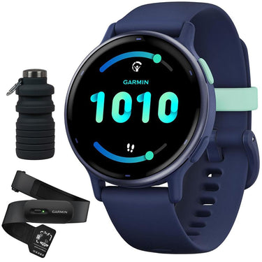 Garmin Vivoactive 5 Fitness Smartwatch, Navy w/ HRM 200 (XS-S) + Water Bottle Bundle