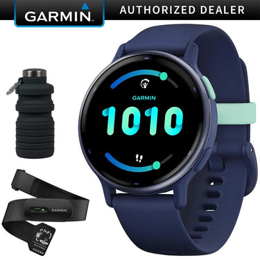 Garmin Vivoactive 5 Fitness Smartwatch, Navy w/ HRM 200 (M-XL) + Water Bottle Bundle