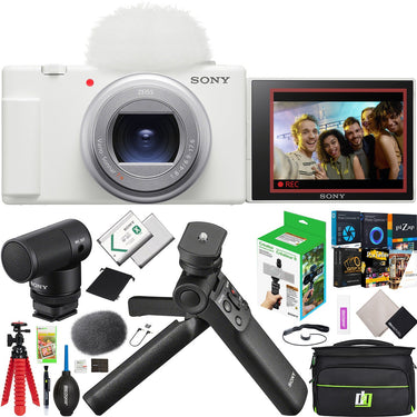 Sony  ZV-1 II Vlog Camera 4K Content Creator White + ACCVC2 Tripod & Mic Bundle