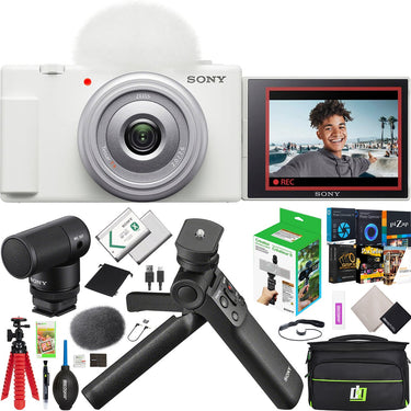 Sony  ZV-1F Vlog Camera 4K Content Creator White + ACCVC2 Tripod & Mic Bundle