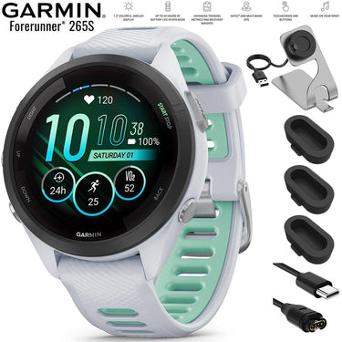 Garmin Forerunner 265S GPS Smartwatch Whitestone/Neo with Charging Dock Bundle