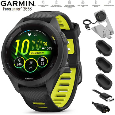 Garmin Forerunner 265S GPS Smartwatch Black/Amp Yellow with Charging Dock Bundle