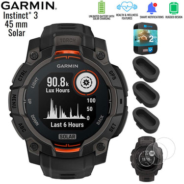 Garmin Instinct 3 - 45 mm GPS Smartwatch SOLAR Black with 2 Year Warranty Bundle