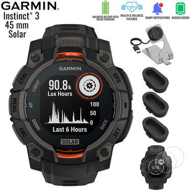 Garmin Instinct 3 - 45 mm GPS Smartwatch SOLAR Black with Charging Dock Bundle