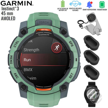 Garmin Instinct 3-45 mm GPS Smartwatch AMOLED Neo Tropic + Charging Dock Bundle