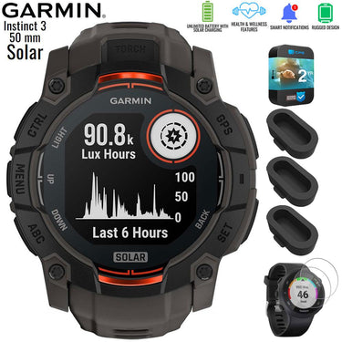 Garmin Instinct 3 - 50 mm GPS Smartwatch SOLAR Black with 2 Year Warranty Bundle