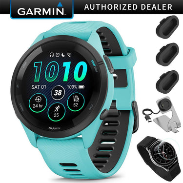 Garmin Forerunner 265 GPS Smartwatch, Aqua/Black + Charging Dock + Protector Bundle