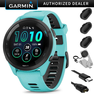 Garmin Forerunner 265 GPS Smartwatch, Aqua/Black + Charging Dock + Dust Cover Bundle