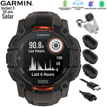 Garmin Instinct 3 - 50 mm GPS Smartwatch SOLAR Black with Charging Dock Bundle