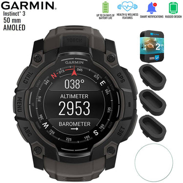 Garmin Instinct 3 - 50 mm GPS Smartwatch AMOLED Black + 2 Year Warranty Bundle