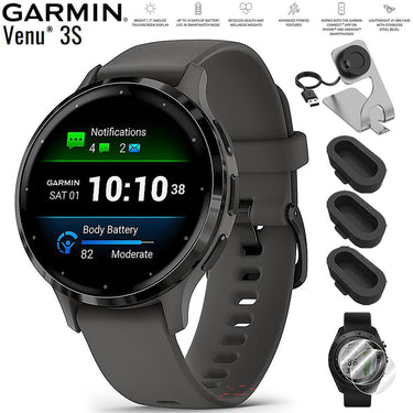 Garmin Venu 3S GPS Smartwatch Steel with Gray Case 41mm + Charging Dock Bundle