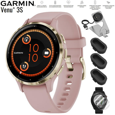 Garmin Venu 3S GPS Smartwatch Gold with Rose Case 41mm + Charging Dock Bundle