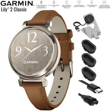 Garmin Lily 2 Classic Cream Gold with Tan Band Smartwatch + Charging Dock Bundle