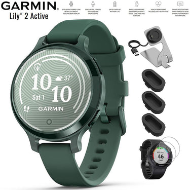 Garmin Lily 2 Active Smartwatch Green with Green Band + Charging Dock Bundle