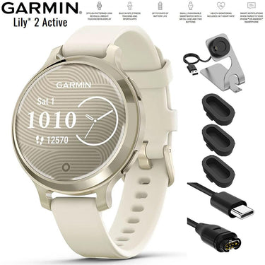 Garmin Lily 2 Active Smartwatch Lunar Gold w/ Bone Silicone Band+Charging Bundle