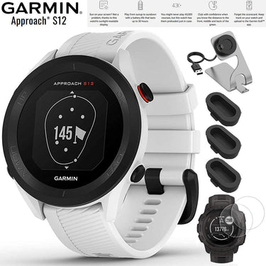 Garmin Approach S12 GPS Golf Watch 42k+ Courses White with Charging Dock Bundle