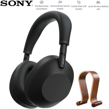 Sony Best Wireless Noise Canceling Headphones Black with Wood Headphone Stand