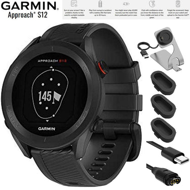 Garmin Approach S12 GPS Golf Watch 42k+ Preloaded Courses Black+Charging Bundle