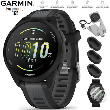 Garmin Forerunner 165 Music Sport Watch Black + Gray with Charging Dock Bundle