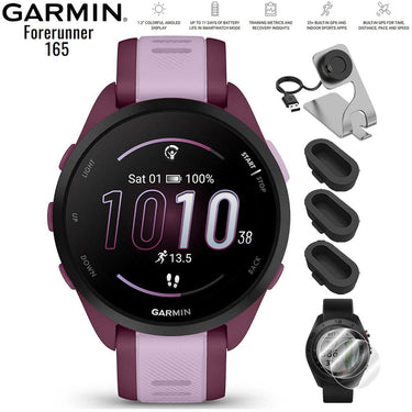 Garmin Forerunner 165 Music Smart Sport Watch Berry + Lilac with Charging Bundle