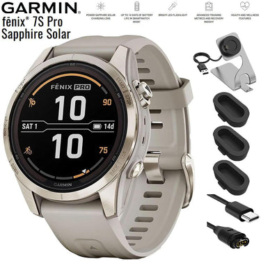 Garmin fenix 7S Pro Solar, Sapphire, Soft Gold Steel, Light Sand+Charging Bundle